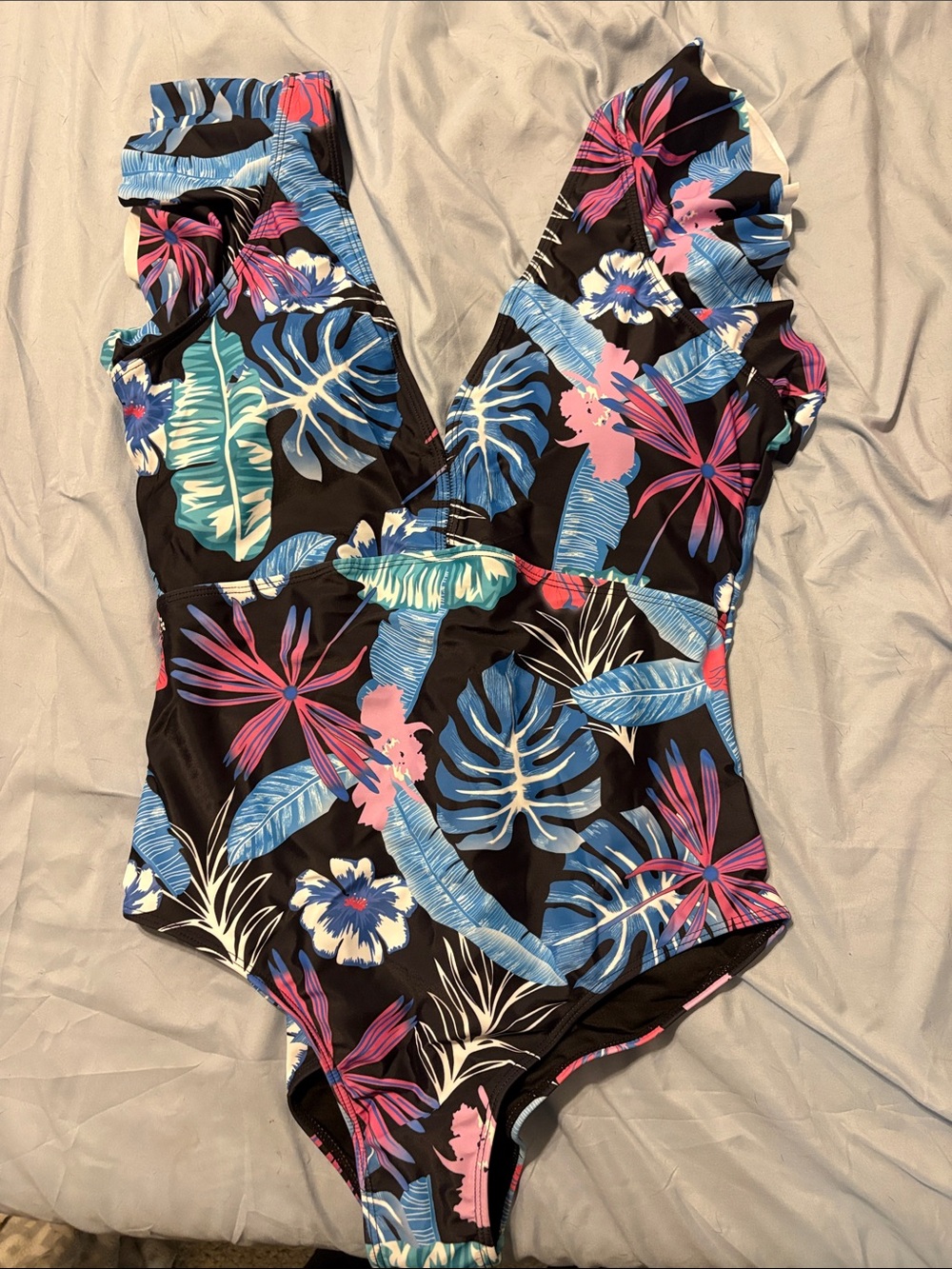 Tropical Ruffle One-Piece Swimsuit - Black with Blue & Pink Floral
